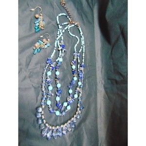 Layered Chunky Beaded Choker Necklace and Earring Set - Greens & Blues